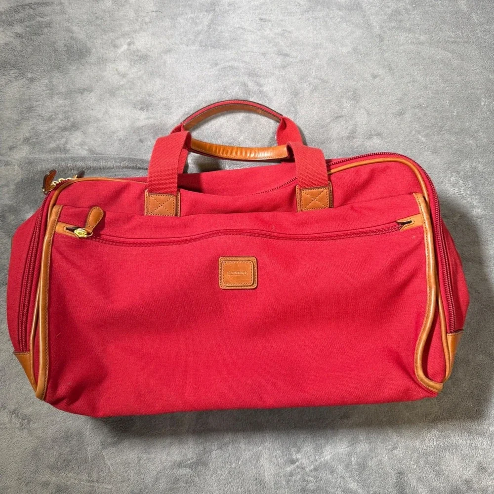 Lands End Red Canvas Duffle Bag Leather Trim Travel Carry On Weekender Luggage